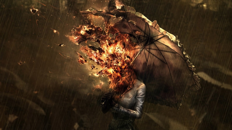 one person, event, fantasy art, high angle view, day, real people, heat - temperature, rain, fire, 1080P, water, lifestyles, nature, digital art, burning