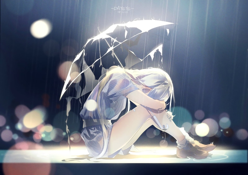 anime girls, umbrella, rain, white hair, anime, 1080P, crying, sad