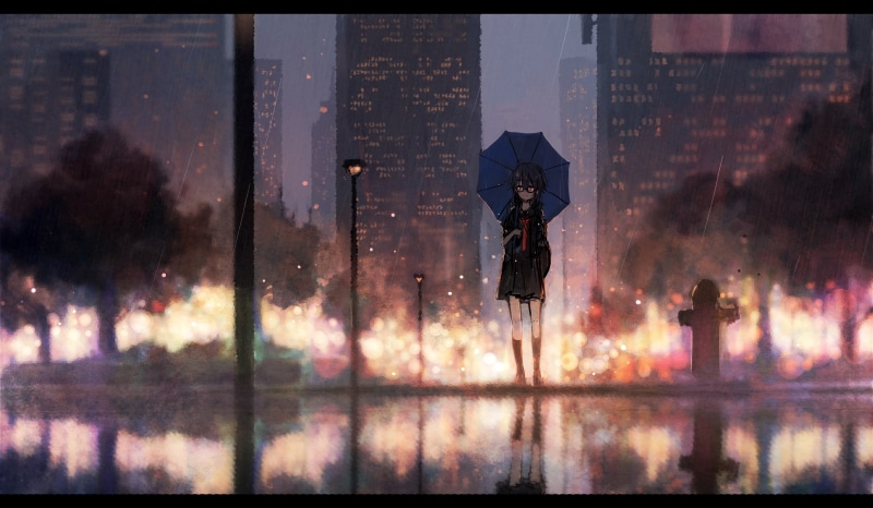 rain, urban, anime, standing, 2K, umbrella, anime girls, cityscape