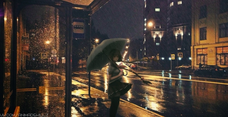night, umbrella, 1080P, anime girls, rain