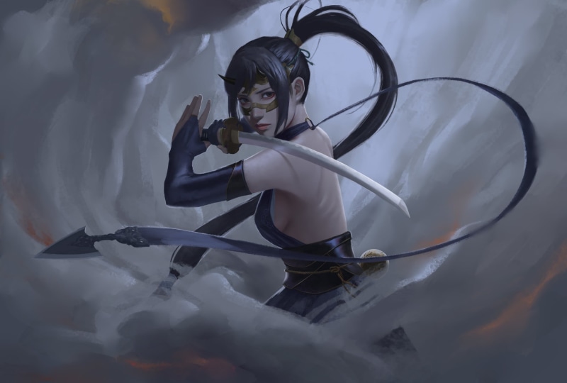 looking at viewer, Ninja, artwork, katana, fantasy art, original characters, fantasy girl, women, illustration, digital art, long hair, warrior girls, drawing