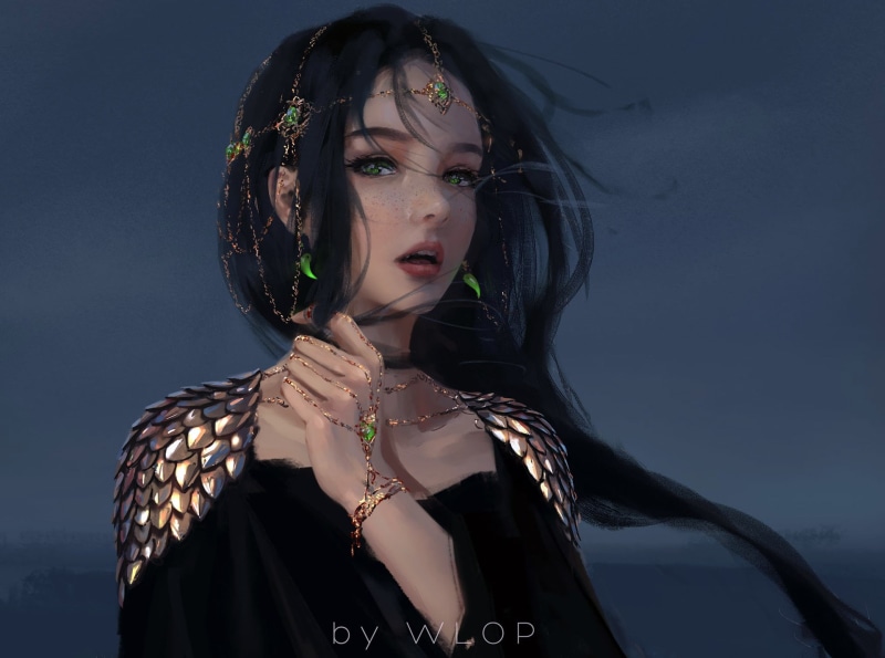 emerald, 1080P, freckles, princess, elf, cape, open mouth, fantasy, artwork, digital art, face, Wlop, diadem, fantasy art, girl, brunette, Ghost blade