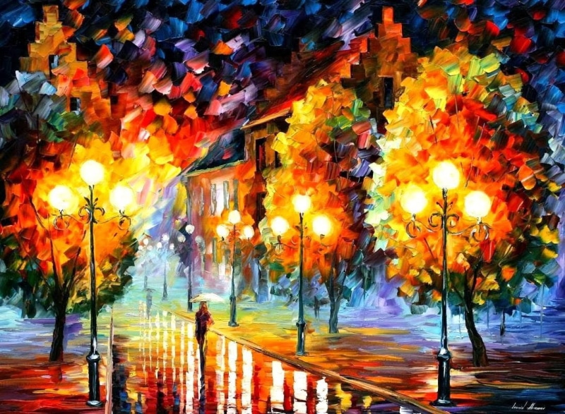 480P, painting, artwork, yellow, person, water, street, leaf, vibrant Color, walking, illuminated, backgrounds, Leonid Afremov, city, umbrella, decoration