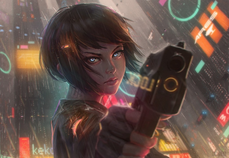 short hair, 720P, science fiction, artwork, anime, water, girls with guns, GUWEIZ, weapon, cyberpunk, gun, anime girls, rain