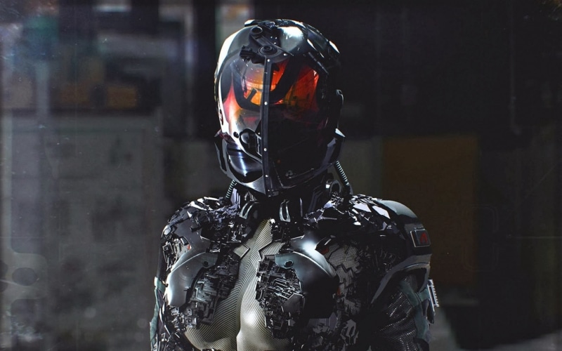 warning sign, 1080P, aggression, protection, adult, waist up, black, security, science fiction, cyberpunk, communication, one person, clothing