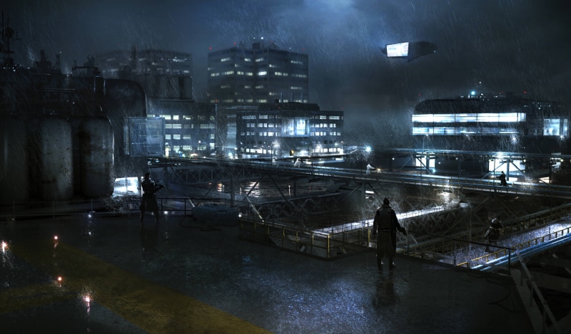 industry, artwork, illuminated, smoke - physical structure, man, built structure, nature, air pollution, futuristic, cyberpunk, rain, rooftop, 2K