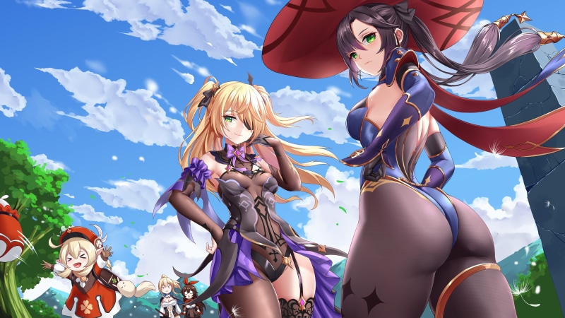 anime girls, Mona (Genshin Impact), Fischl (Genshin Impact), Klee (Genshin Impact), Genshin Impact, Jean (Genshin Impact), Amber (Genshin Impact), 4K