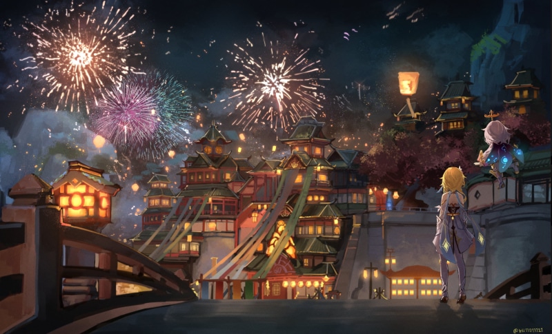 Paimon(Genshin Impact), fantasy city, 1080P, fireworks, anime girls, game characters, Genshin Impact, Lumine (Genshin Impact)