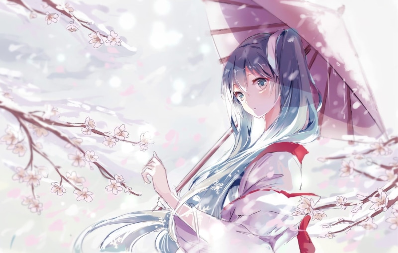 headshot, clothing, illustration, portrait, young women, umbrella, long hair, indoors, real people, flowers, anime girls, Yuki Miku, traditional clothing