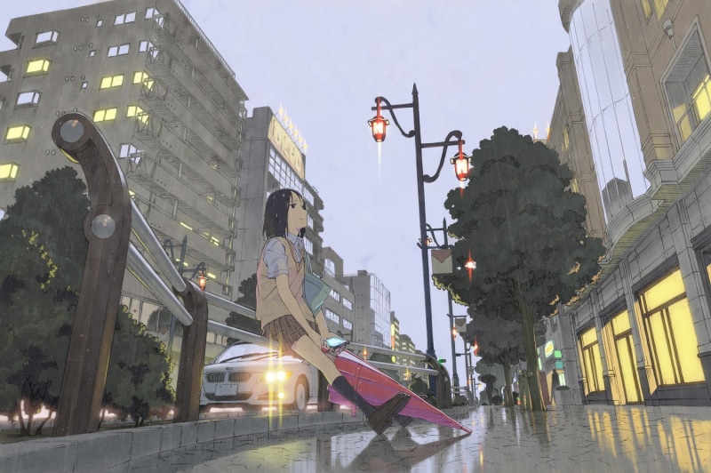 schoolgirl, building, sky, sign, animated, anime girls, real people, lighting equipment, residential district, rain, office building exterior, anime, day