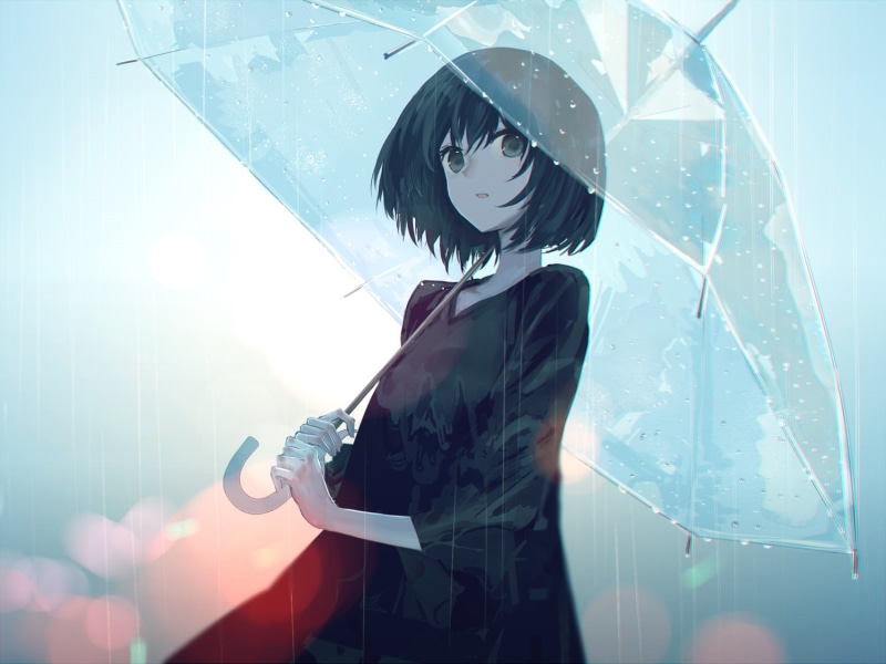 dark hair, rain, 720P, green eyes, anime, umbrella, anime girls