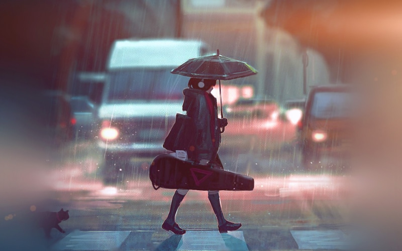 4K, Violin, Anime, Umbrella, Girl, Original, Rain