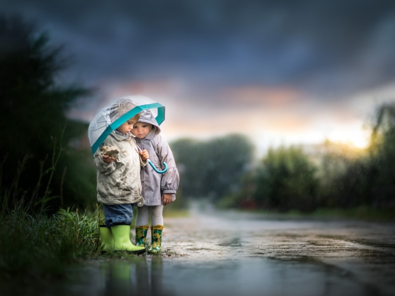tree, child, sky, girls, males, men, outdoors, plant, water, rain, innocence, people, 1080P, little girl, full length, little boy, offspring, boys, childhood