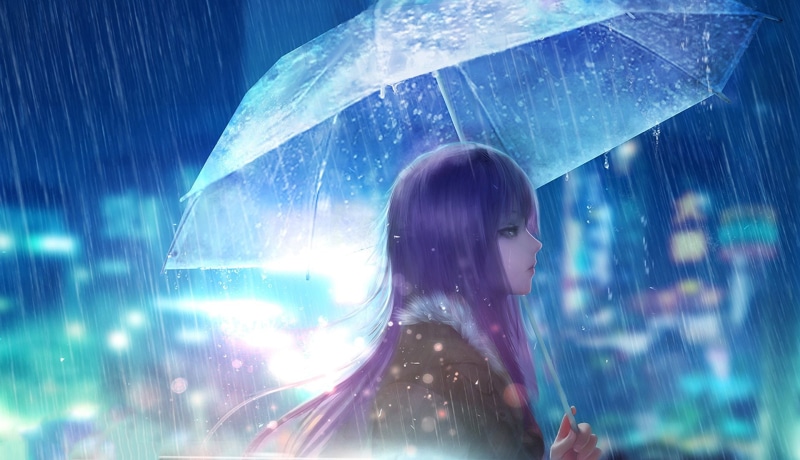 1080P, Anime, Rain, Original, Purple Hair, Umbrella