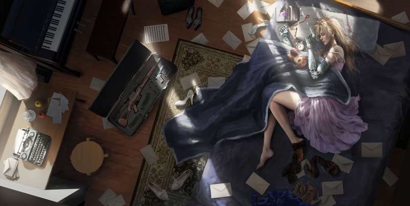 women, representation, anime girls, craft, 1080P, illustration, lying, lifestyles, mask - disguise, people, human representation, anime, indoors, high angle view