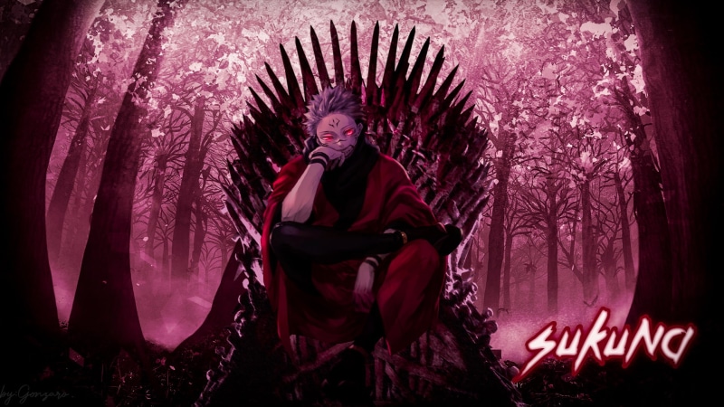 Yuji Itadori, Jujutsukaisen, Jujutsu Kaisen, Devil, king, anime boys, red eyes, 1080P, red background, throne, demon eyes, Sukuna, blood