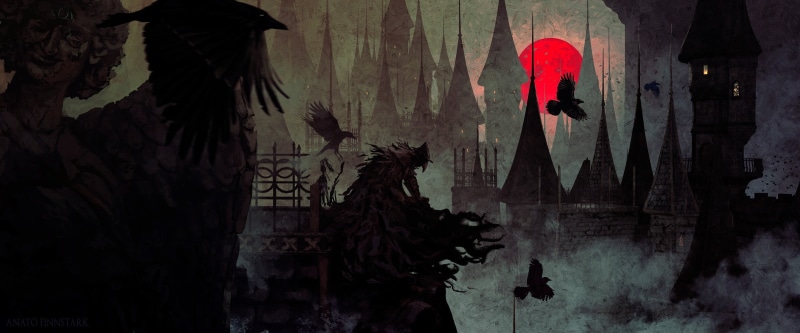 crow, artwork, Bloodborne, 1080P, hunter, fantasy art, Blood moon