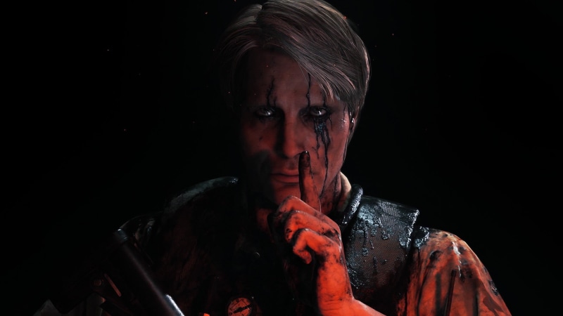 indoors, fear, aggression, looking at camera, dark, black, Death Stranding, headshot, Mads Mikkelsen, one person, close-up, body part, adult, black background
