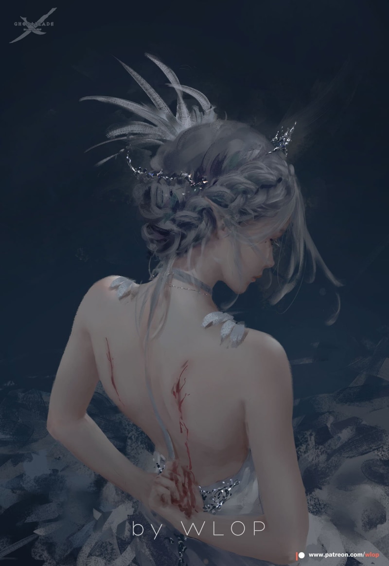 fantasy art, anime, anime girls, Ghost Blade, blood, 720P, fantasy girl, WLOP