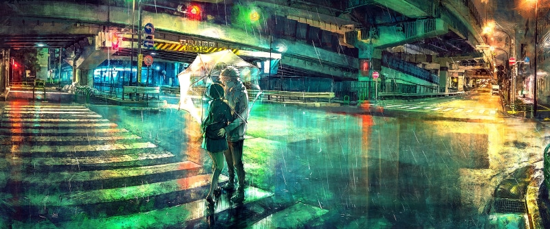 anime, lights, 2K, night, ultrawide, ultra-wide, anime girls, colorful, anime boys, umbrella, overpass, rain