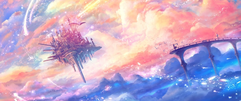 birds, sky, ultrawide, Floating Castle, anime, 2K, ultra-wide, anime girls, castle, clouds