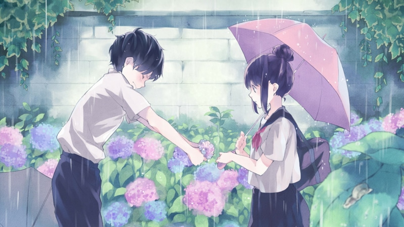 1080P, hairbun, flowering plant, day, two people, kimono, adult, bouquet, real people, child, three quarter length, holding, rain, anime, standing, umbrella