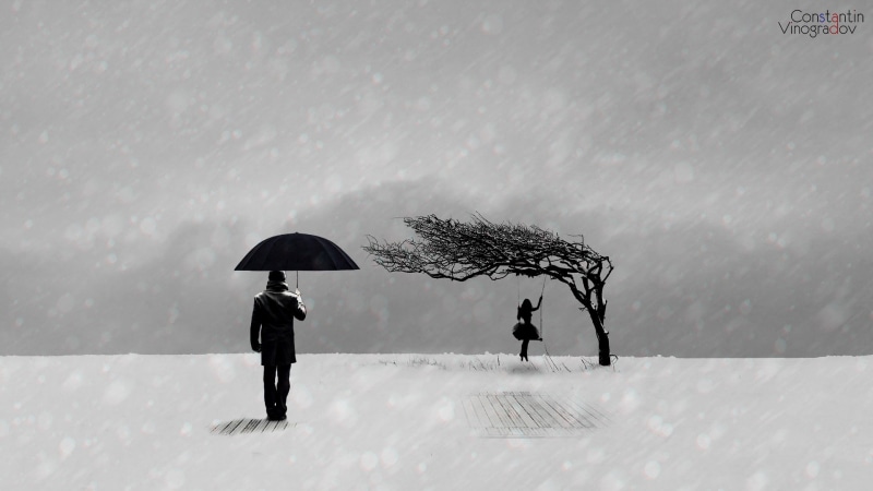 woman, tree, girl, mood, black, boy, holding, white, illustration, umbrella, man, winter, swing, 1080P, black and white, sitting, sadness, minimalism