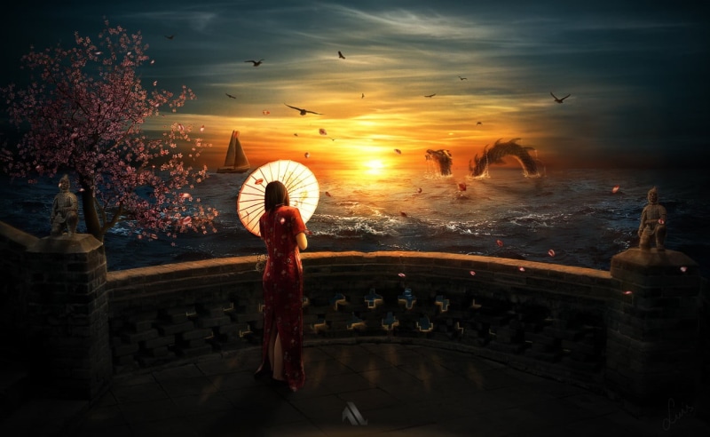 outdoors, anime girls, built structure, women, sea, beauty in nature, fantasy art, Cheongsam, umbrella, anime, 720P, one person, dress, orange color