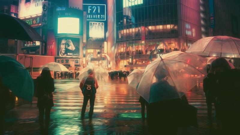 photography, people, Masashi Wakui, building exterior, illuminated, neon lights, city street, night, large group of people, rain, translucent, umbrella