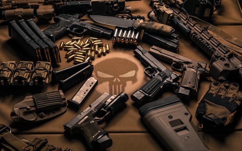 variation, collection, law, gun, indoors, large group of objects, Handgun, 2K, aggression, violence, guns, weapon, table, war, still life, choice, several