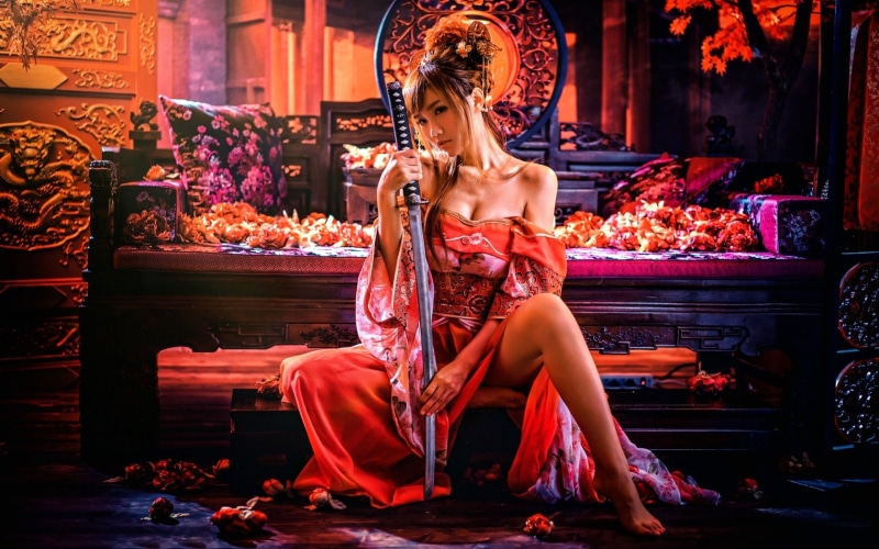 Sword, fashion, Brunette, food and drink, elegance, Asian, Model, Women, night, Traditional Costume, young women, adult, Girl, one person, hair, beauty