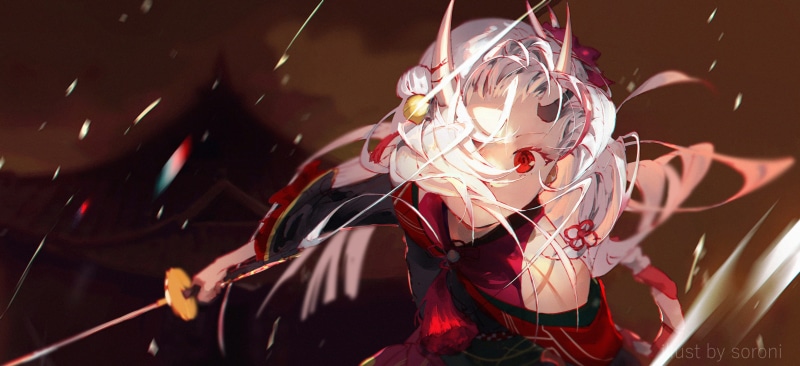 Nakiri Ayame, oni girl, 2K, Hololive, Virtual Youtuber, anime girls, Sorrowny, katana