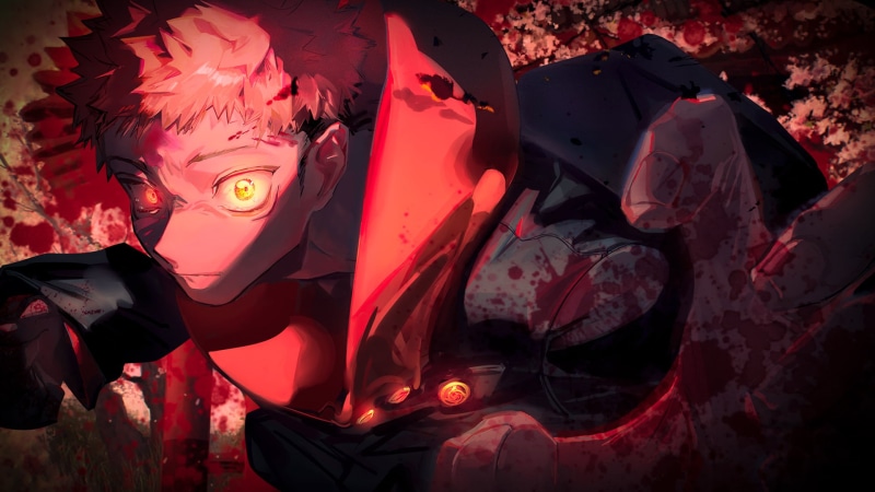 anime boys, Jujutsu Kaisen, redhead, blood spatter, blood, Yuji Itadori, 1080P, orange eyes, school, Jujutsukaisen