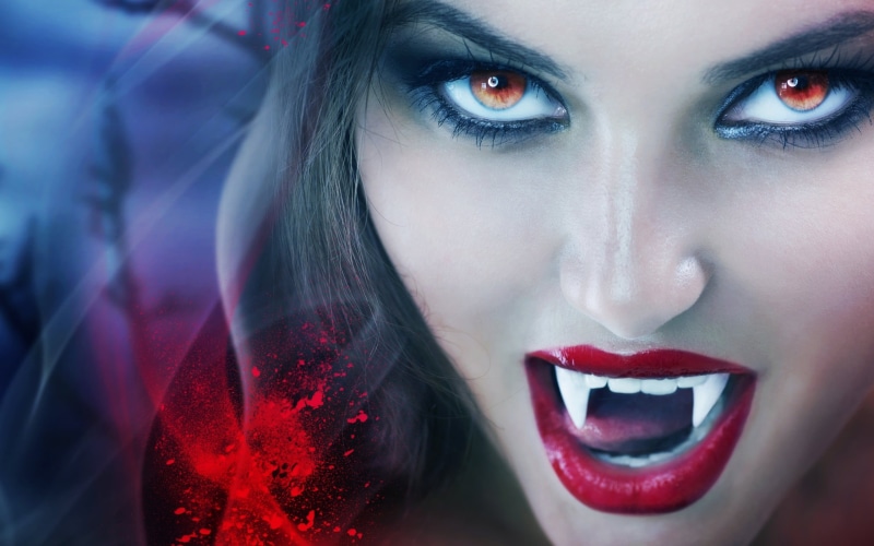 demon - fictional character, red eyes, emotion, headshot, red, beautiful woman, body part, human lips, young adult, witch, vampire, juicy lips, blood spatter