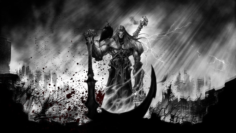 Darksiders 2, dancing, dark, raven, digital composite, blood spatter, monochrome, smoke - physical structure, motion, clothing, selective coloring, adult