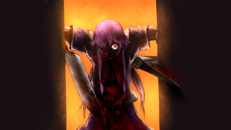 madness, monster, Future diary, 1080P, knife, burning eyes, obsessed, blood spatter, Yuno Gasai, horror, Mirai Nikki, blood on his hands