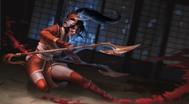 1080P, mask, woman warrior, League Of Legends, blood spatter, axes, a pool of blood, Akali, the fight