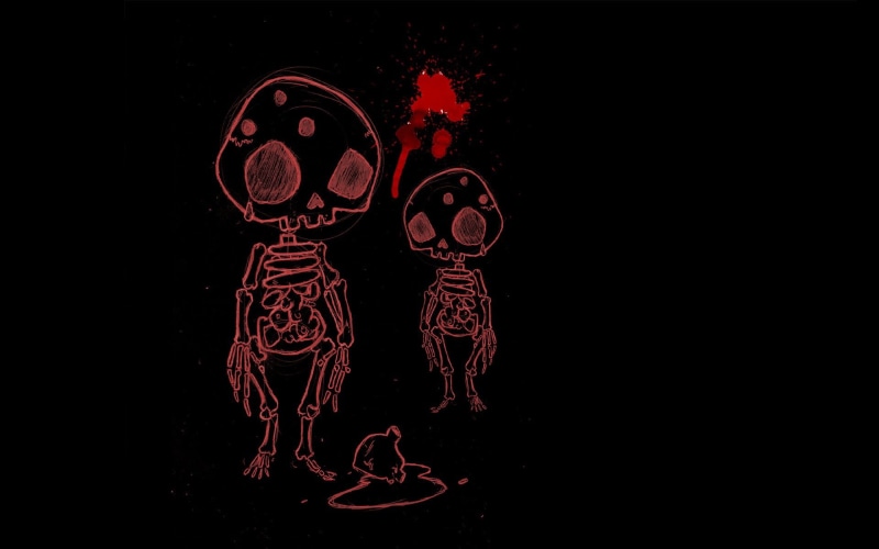 skull, darkness, heart, skeletons, black background, orbit, 1080P, blood spatter, fear, bones, horror