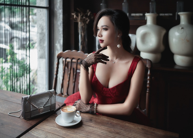 cup, beauty, clothing, food and drink, one person, women, young adult, hot drink, coffee, looking, looking away, 1080P, brunette, gloves, beautiful woman