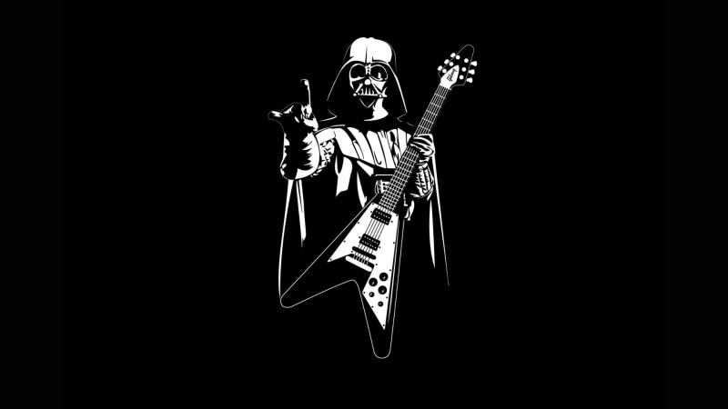 human representation, illustration, bone, guitar, black background, low angle view, Star Wars, vader, illuminated, night, art and craft, studio shot, single object