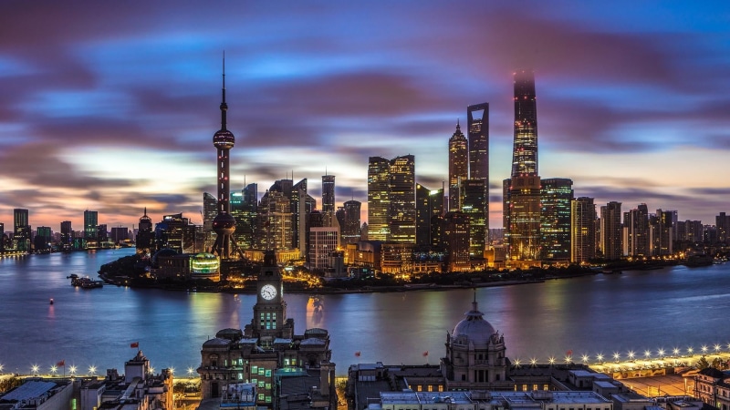 building exterior, architecture, urban skyline, residential district, dusk, cityscape, modern, tower, financial district, water, outdoors, sky, 1080P