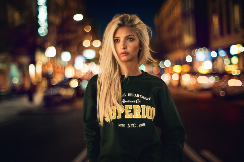 car, waist up, hair, street, blonde, Ann Sophie, night, one person, city street, straight hair, pearl earrings, beautiful woman, blond hair, city, city life