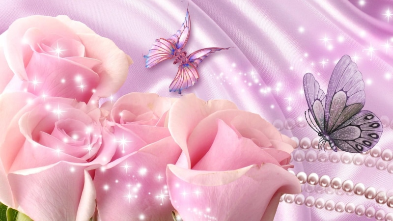 lavender, nature, sparile, glow, pink, roses, pearls, stars, pink roses, flowers, 1080P, butterflies, satin, shine