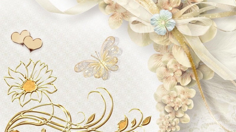 ribbons, memories, hearts, 1080P, flowers, 3d and abstract, pearls, daisy, romatnic, love, made, lace, bows, gold, butterfly