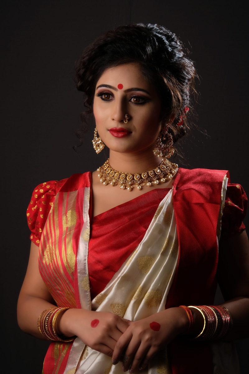 traditional, model, pose, makeup, culture, waist up, women, s, studio, red, front view, beautiful eyes, female, traditional clothing, bride, necklace, white