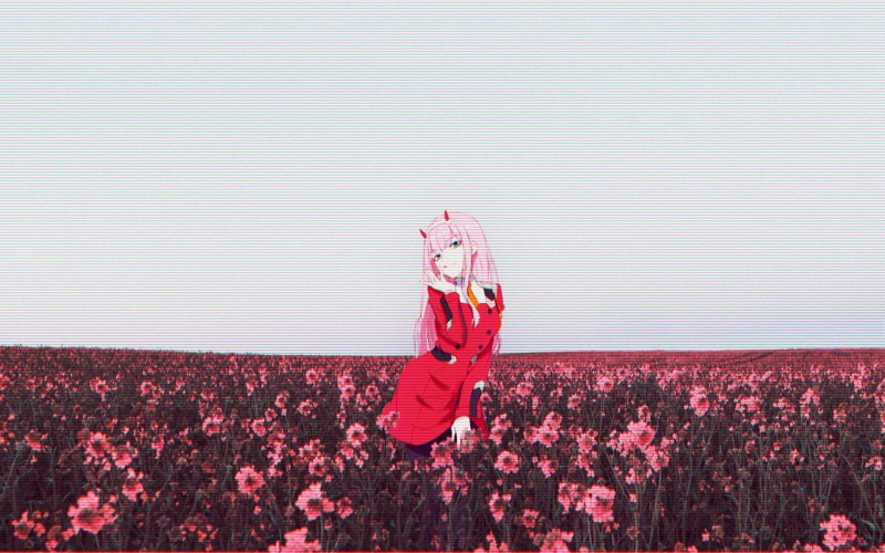 Zero Two, costume, 1080P, day, glitch art, nature, one person, arms raised, lifestyles, human limb, high angle view, women, anime girls, real people, casual clothing