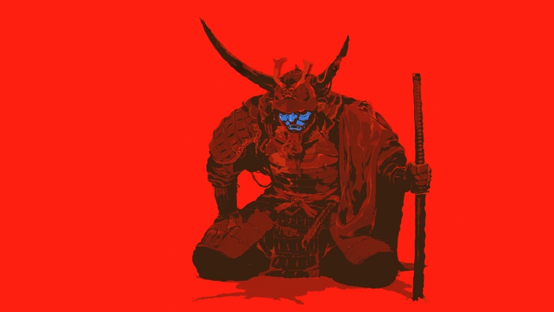 mammal, costume, art, 4K, one person, red background, clothing, indoors, studio shot, standing, samurai, colored background, face, clip, mask - disguise