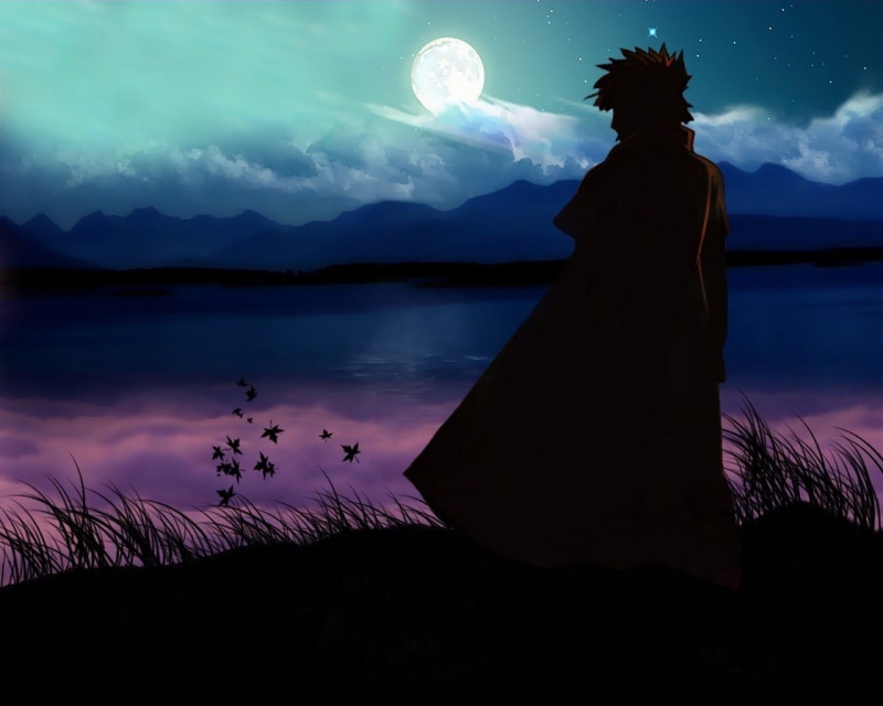 costume, water, scenics - nature, mountain, manga, Namikaze Minato, tranquil scene, full moon, illustration, dusk, wearing, standing, night, anime, sky
