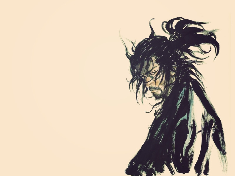 ink wash paintings, man, Musashi Miyamoto, clear sky, costume, sky, illustration, hairstyle, colored background, samurai, black, wears, studio shot, cut out