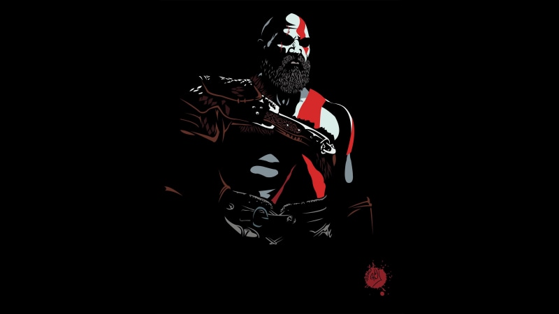 black background, male likeness, hd, indoors, studio shot, ps games, representation, human representation, artwork, 5k, no people, god of war 4, god of war